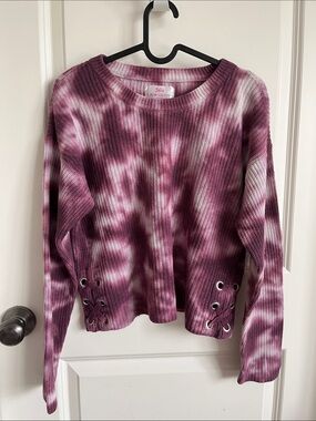 Justice Pink Tie-Dye Waffle Knit Lace-Up Pullover